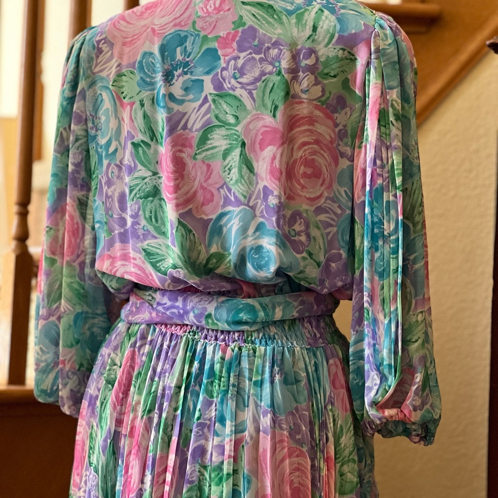 Vintage 80’s Diane Freis Sz 6 Floral Georgette Pink Purple Blue Tea Length Dress - Picture 7 of 10